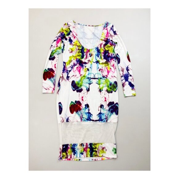 ASOS Low Back Wiggle Midi Dress US 10 NWT Abstract Watercolor Print Mesh Panel - Picture 11 of 11